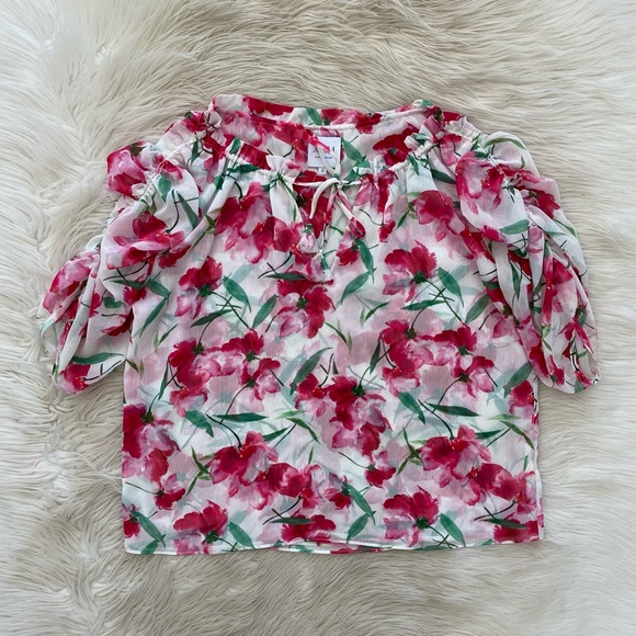 MISA Red Pink Fuchsia Floral Watercolor Chiffon Sera Top Short Sleeve Blouse - Picture 2 of 14